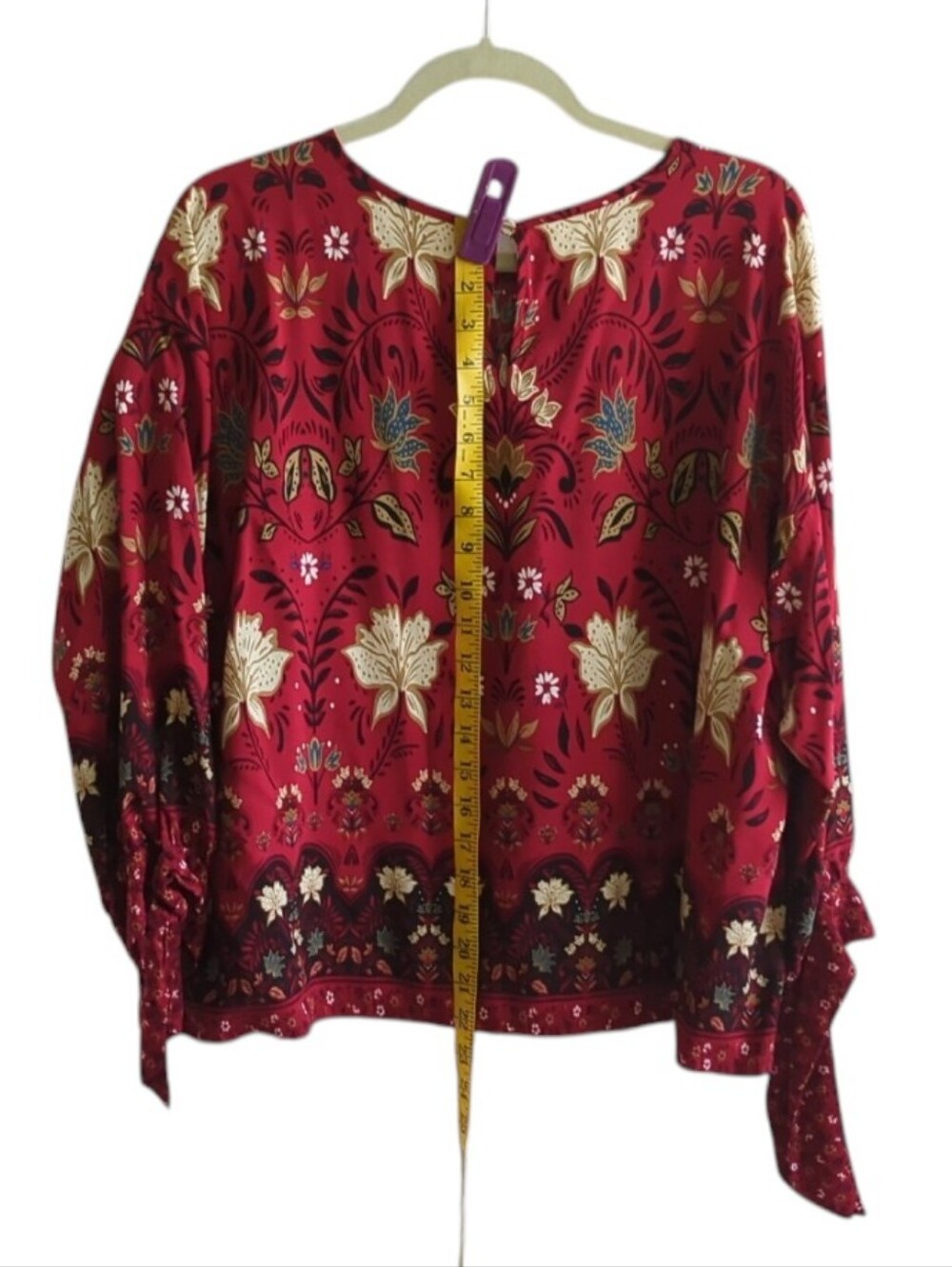 Loft Red w Cream Brown Black Floral Long Sleeve Tie Cuffs Pullover Top Size XL - Picture 3 of 9